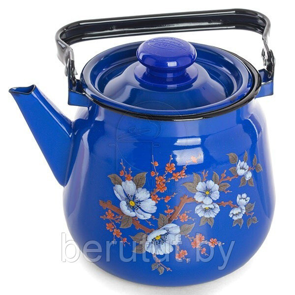 Чайник эмалированный ярко-синий с рисунком цветы 3.5 л - фото 2 - id-p200224465