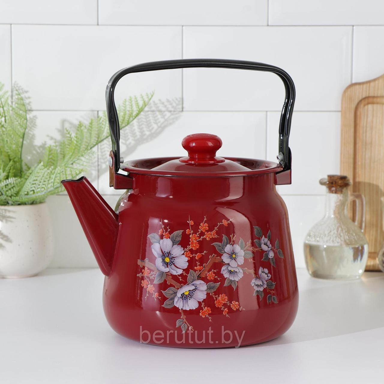 Чайник эмалированный вишнёвый с рисунком цветы 3.5 л - фото 1 - id-p200224468
