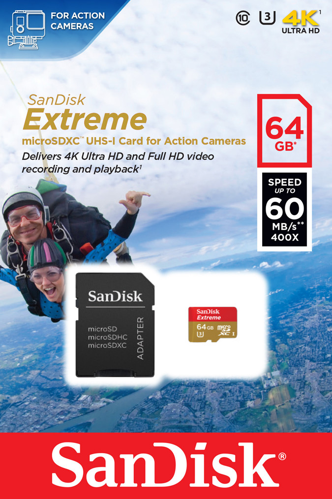 Карта памяти MicroSDXC 64GB SanDisk Extreme® UHS-I для экшн-камер, Class 10, 60 МБ/с
