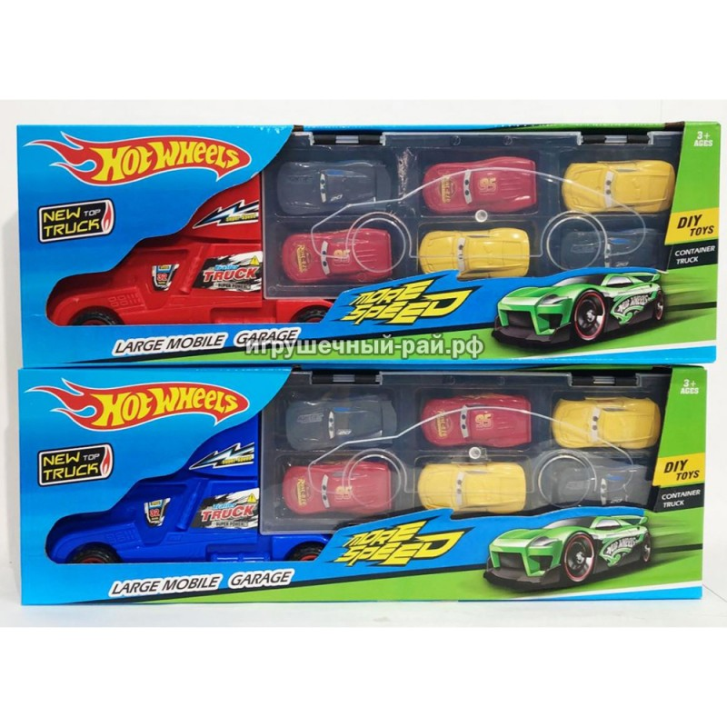 Фура, автовоз, трейлер Hot Wheels SC87, грузовик с инерционными машинками Тачки 6 шт, игровой набор, Хот Вилс