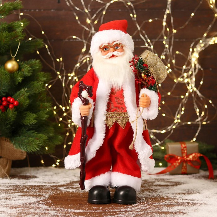 Дед Мороз "В красном костюмчике с орнаментом, с посохом" двигается, 20х40 см - фото 1 - id-p181641585