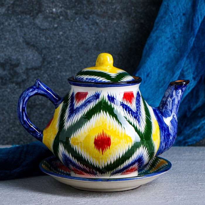 Набор чайный Риштанская керамика "Атлас №1", 9 предметов (чайник 1л, пиалы 0,3л), микс - фото 4 - id-p177021624