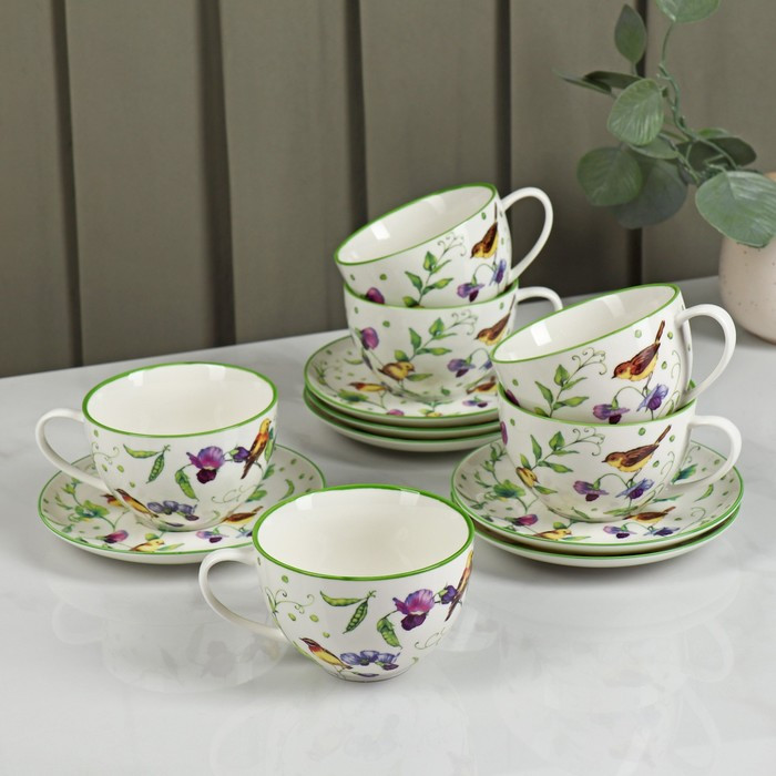 Сервиз фарфоровый чайный Доляна «Зелёный сад», 12 предметов: 6 чашек 220 мл, 6 блюдец d=13 см - фото 1 - id-p187845544