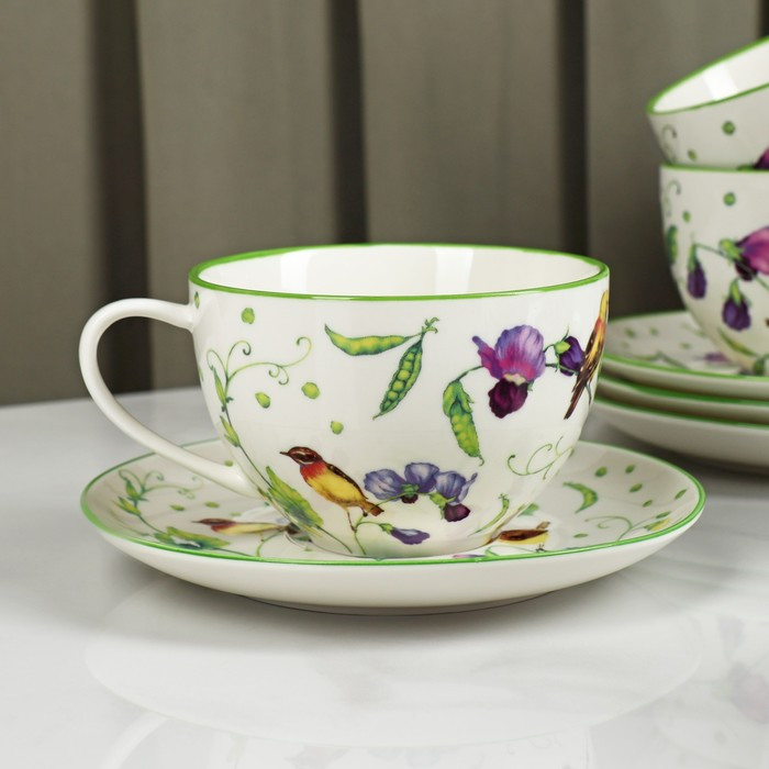 Сервиз фарфоровый чайный Доляна «Зелёный сад», 12 предметов: 6 чашек 220 мл, 6 блюдец d=13 см - фото 2 - id-p187845544
