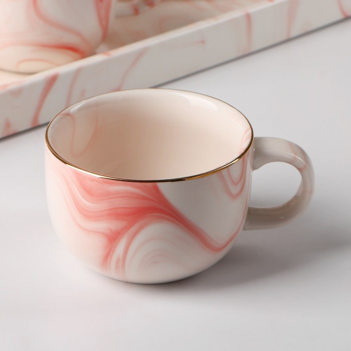Набор керамический чайный «Мрамор», 6 предметов: чайник 800 мл, 4 кружки 170 мл, поднос 31×21 см, цвет розовый - фото 2 - id-p177021725