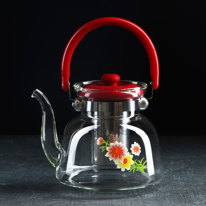 Чайник стеклянный заварочный с металлическим ситом «Цветочная фантазия», 1,4 л - фото 1 - id-p177013639