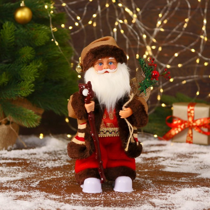 Дед Мороз "В коричневой шубке, с посохом" двигается, 11х30 см - фото 1 - id-p181641529