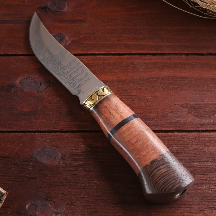Нож охотничий "Таежник", в чехле, 23 см, лезвие с узором, рукоять деревянная со вставкой, - фото 3 - id-p178338647