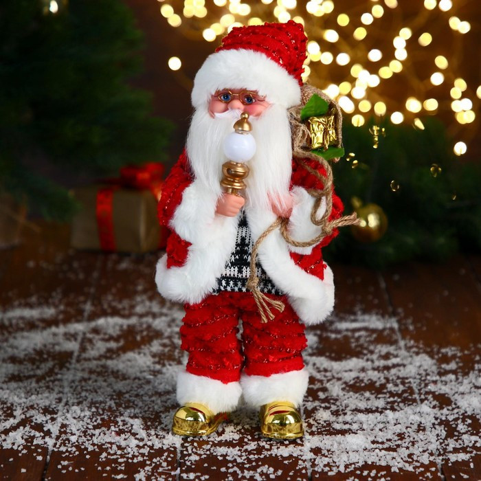 Дед Мороз "В свитере и блестящей шубке с белым мехом" двигается, лампа светится, 15х30 см - фото 1 - id-p181641534