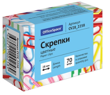 Скрепки 28мм, OfficeSpace, 70шт., цветные, карт. упак. - фото 1 - id-p200525080