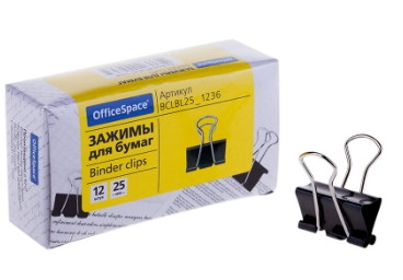 Зажимы для бумаг 25мм, OfficeSpace, 12шт., черные, картонная коробка ...
