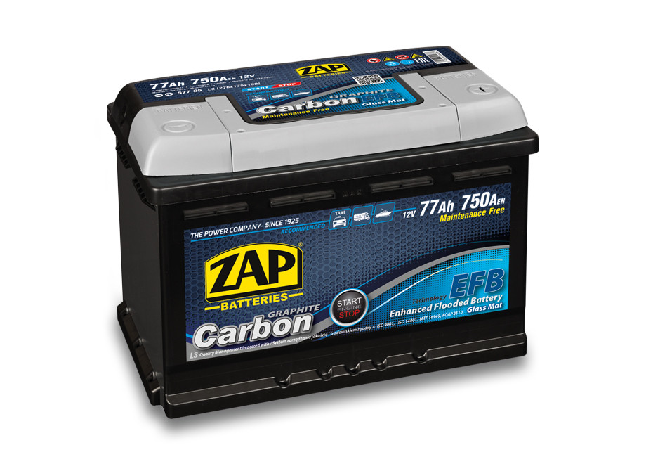 Аккумулятор ZAP CARBON (77 Ah) 750 A, 12 V Обратная, R+ L3 ZAP-577 05     276х175х190