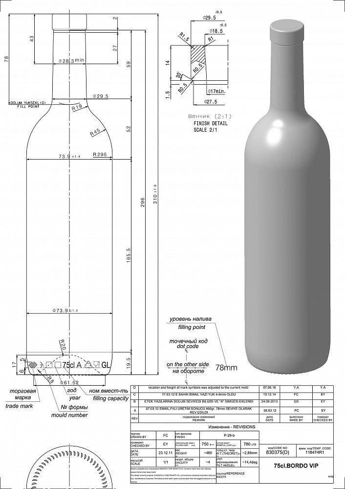 Стеклянная бутылка 0,750 л. (750 мл.) Бордо прозрачная (20/21/23) - фото 3 - id-p200622487