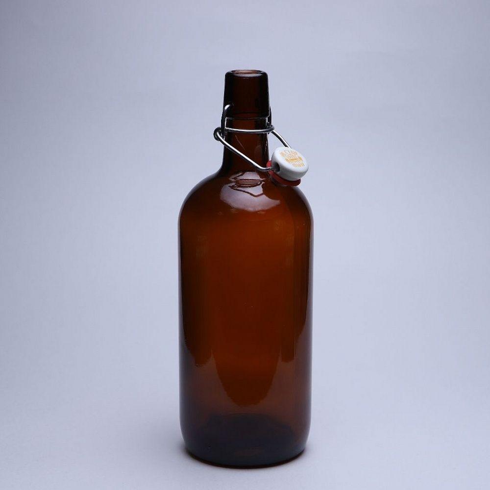 Стеклянная бутылка 1,0 л. (1000 мл.) «Бугельная» (Коричневая) с пробкой