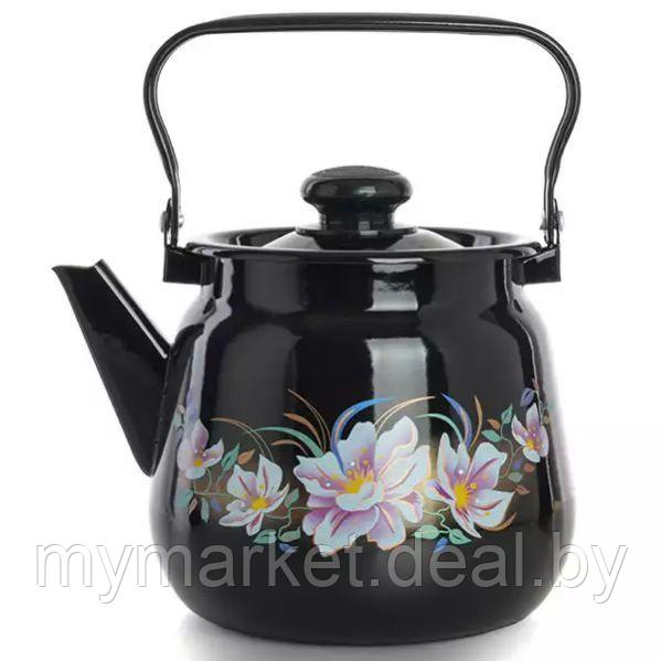 Чайник эмалированный чёрный с рисунком цветы 3.5 л - фото 1 - id-p200660572