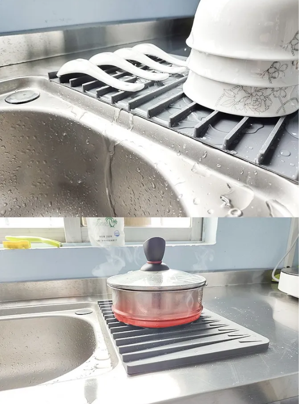 Водостойкий силиконовый коврик для сушки посуды / слив под углом для стека воды / серый 32х20 см - фото 6 - id-p200673761