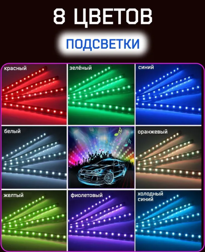 Универсальная светодиодная RGB led подсветка салона с контроллером и датчиком музыки для автомобиля Automobile - фото 3 - id-p200674196