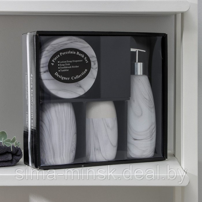 Набор аксессуаров для ванной комнаты «Мрамор», 4 предмета (дозатор 400 мл, мыльница, 2 стакана), цвет белый - фото 4 - id-p200670776