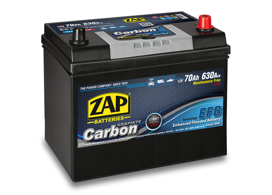Аккумулятор ZAP CARBON (70 Ah) 630 A, 12 V Обратная, R+ D26 ZAP-570 46 - фото 1 - id-p200687034