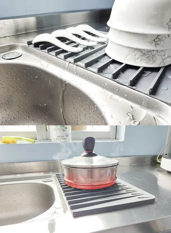 Водостойкий силиконовый коврик для сушки посуды / слив под углом для стека воды / серый 32х20 см - фото 4 - id-p200701588
