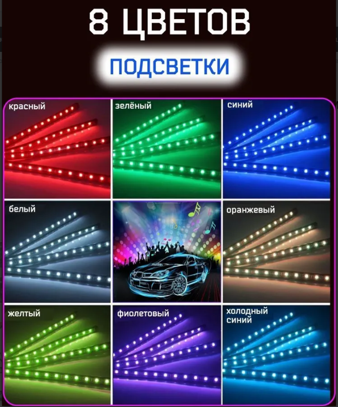 Универсальная светодиодная RGB led подсветка салона с контроллером и датчиком музыки для автомобиля Automobile - фото 4 - id-p200799428