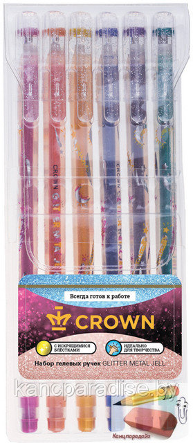 Набор гелевых ручек Crown Glitter Metal Jell, с блестками, 1,0 мм., европодвес, 6 штук - фото 1 - id-p200717515