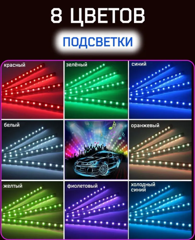 Универсальная светодиодная RGB led подсветка салонасконтроллером идатчикоммузыкидля автомобиляAutomobile - фото 2 - id-p200720628