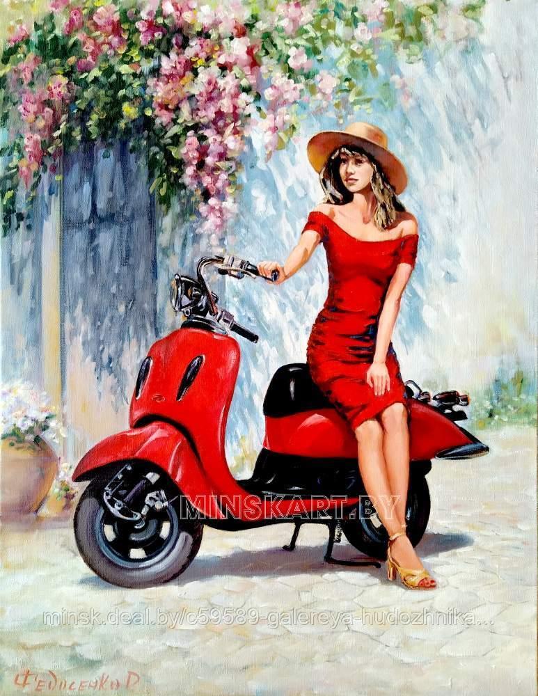 Honda Joker и девушка в красном. Мото-арт. Подарок мотоциклисту - фото 1 - id-p200774956
