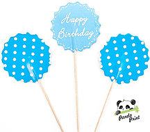 Пики топперы Happy Birthday, белые точки, голубой, 4х12 см, 12 шт