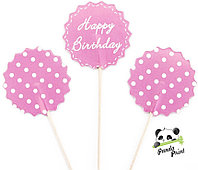 Пики топперы Happy Birthday, белые точки, розовый, 4х12 см, 12 шт (арт.6245496)