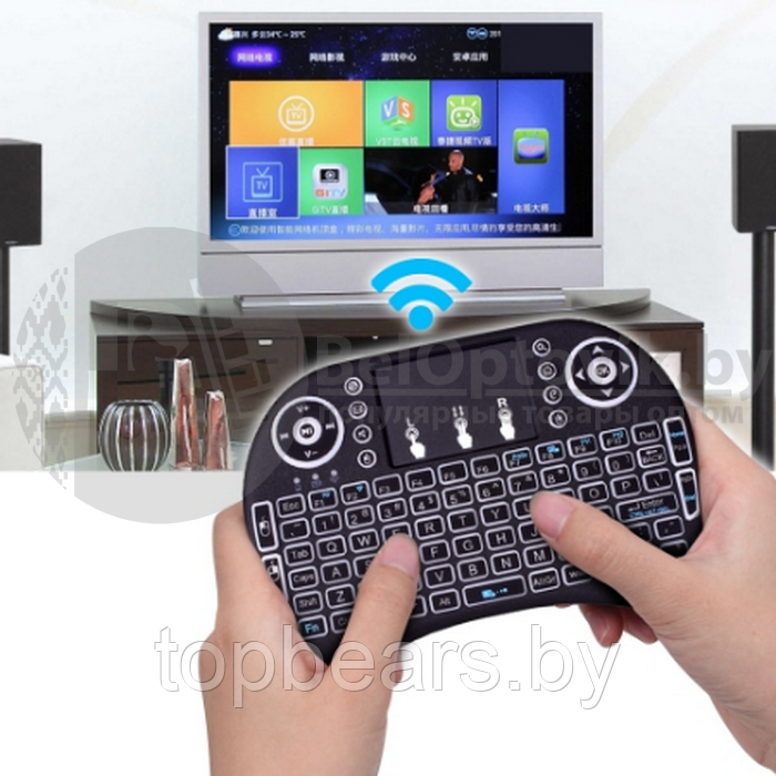 Беспроводная USB клавиатура джойстик с тачпадом для TV Mini Keyboard (клавиатура на рус и англ - фото 3 - id-p201203142