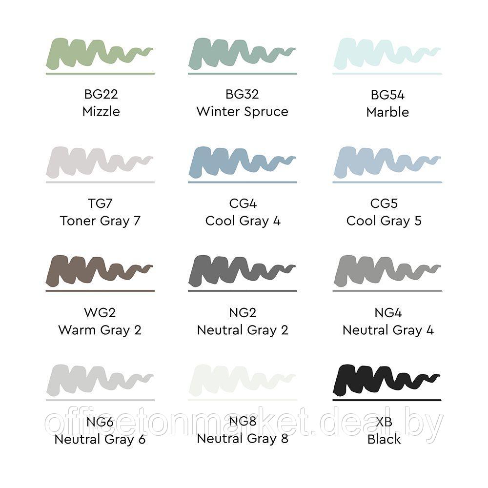 Набор маркеров перманентных двусторонних "Sketchmarker BRUSH Gray Set", 12 шт. - фото 4 - id-p201171394