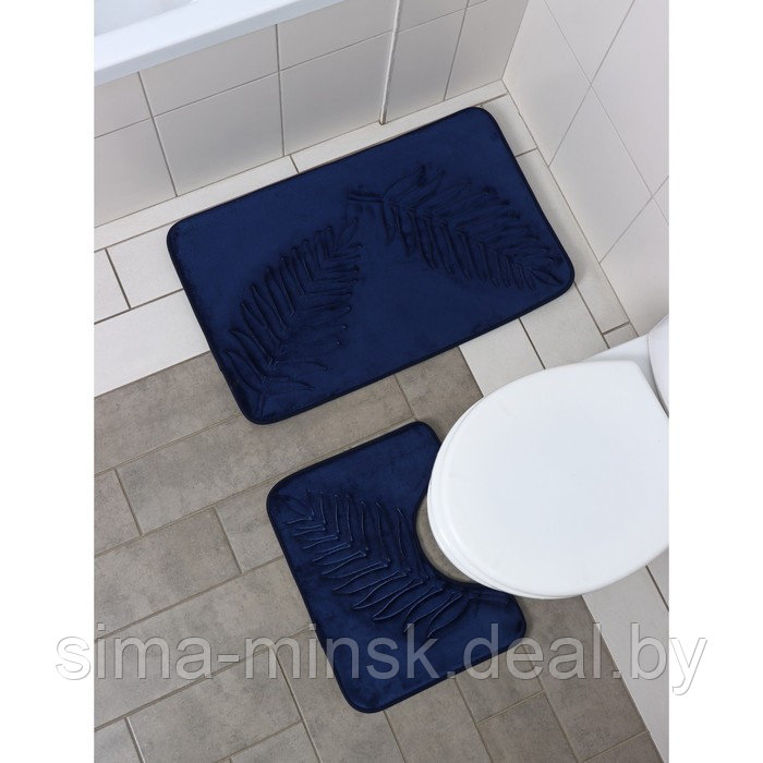 Набор ковриков для ванной и туалета Доляна «Тропики», 2 шт: 40×50, 50×80 см, цвет синий - фото 1 - id-p201266859