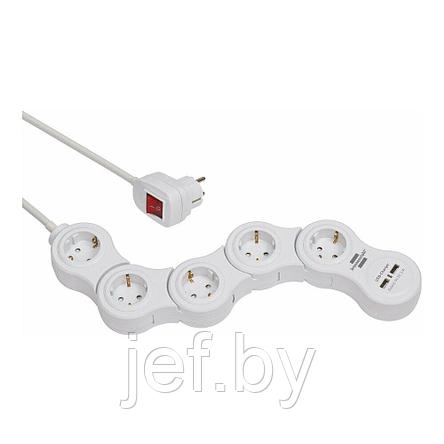 Удлинитель 1.4м (5 роз., 3.3кВт, с/з, 2 USB, выкл., ПВС) гибкий, белый BRENNENSTUHL 1155350210, фото 2