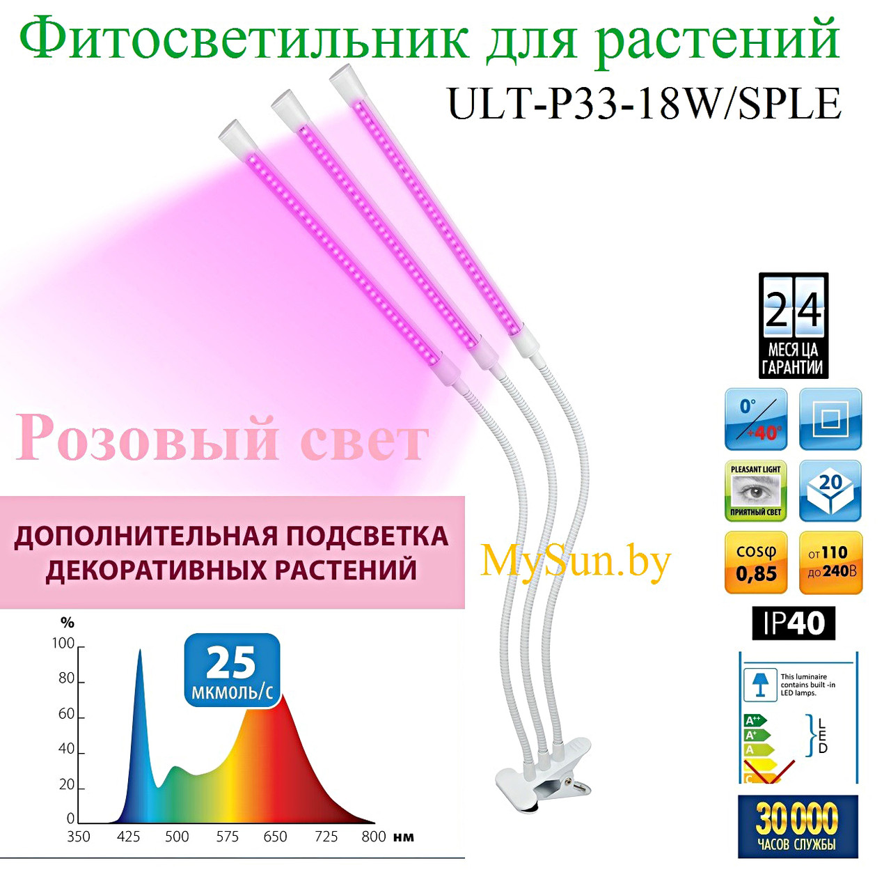 Фитолампа на прищепке ULT-P33-18 ват розовый свет