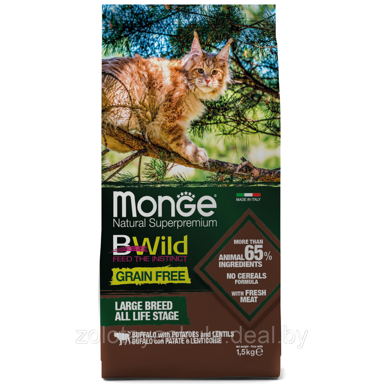 1,5кг Monge Cat BWild GF LARGE BUFFALO / POTATOES Корм беззерновой для кошек крупных пород с мясом буйвола - фото 1 - id-p201279891