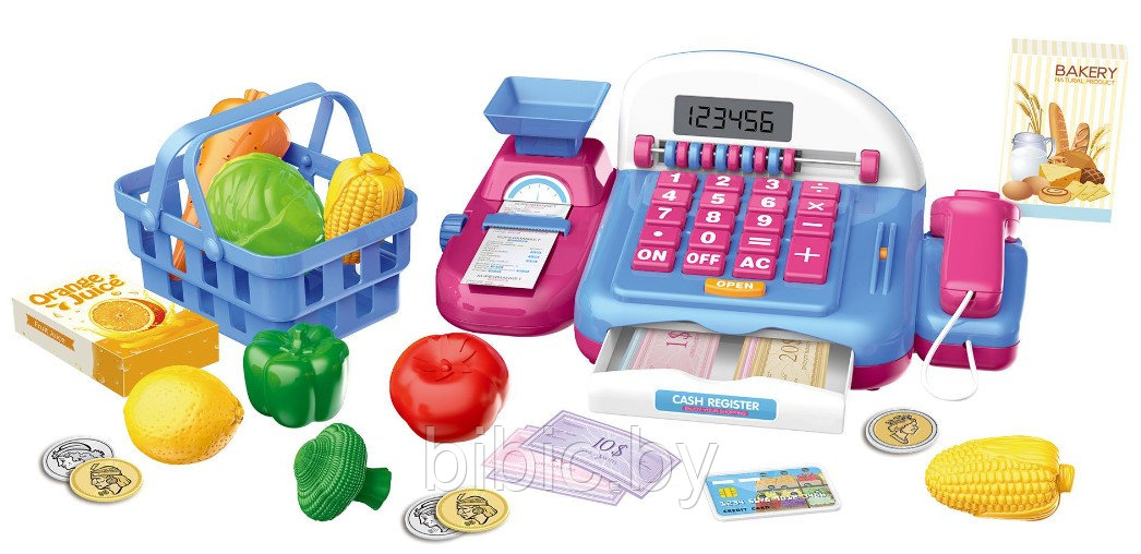 Детский игровой набор касса 8354A для девочек, свет, звук, кассовый аппарат, чек, сканер, калькулятор, весы - фото 2 - id-p201284235
