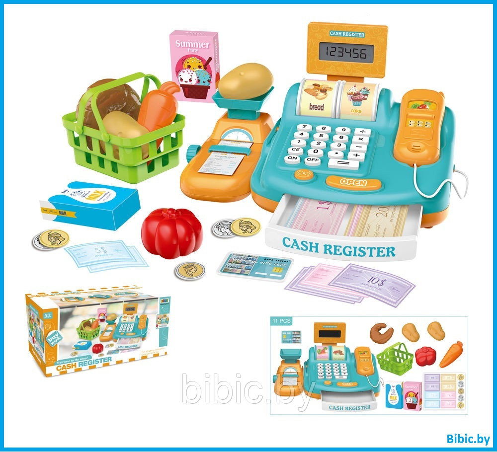 Детский игровой набор касса 8353A для девочек, кассовый аппарат, чек, сканер, весы
