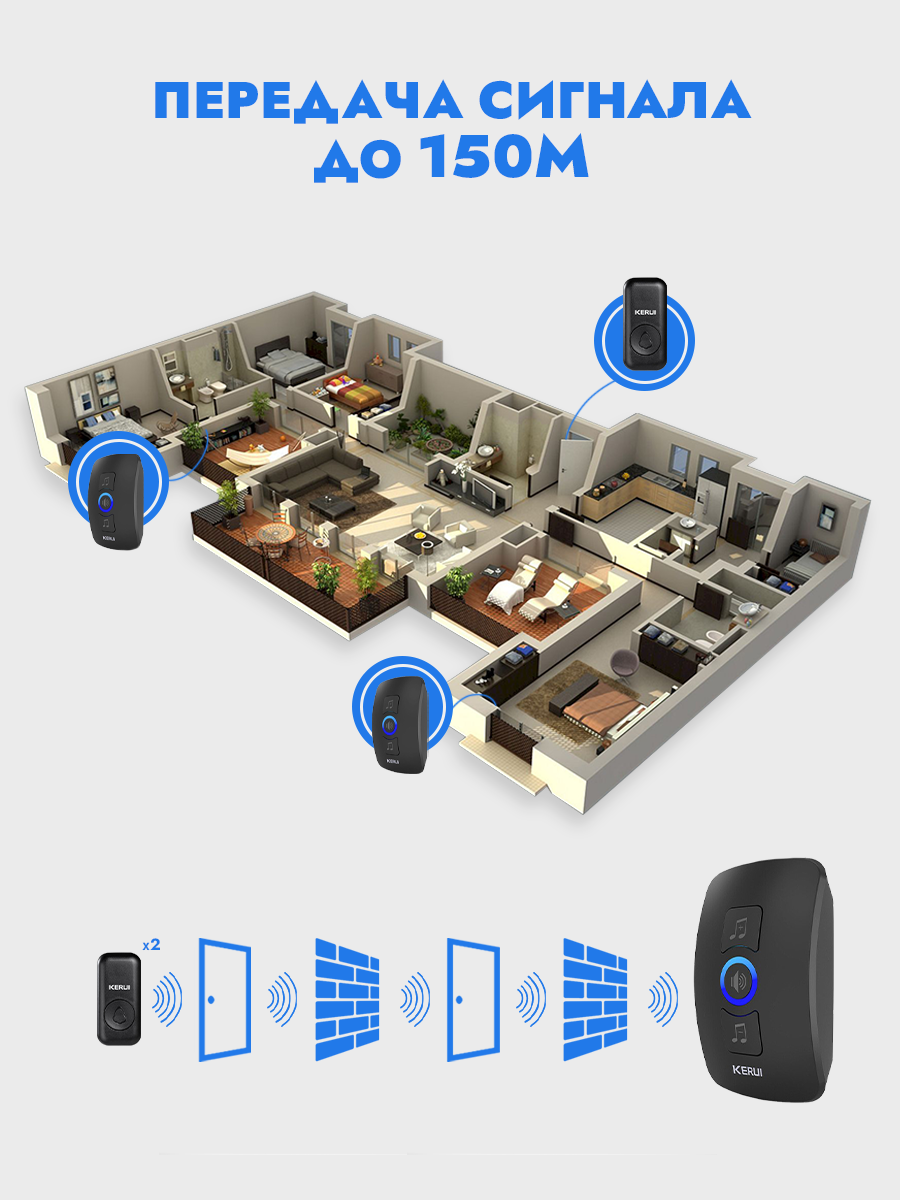 Беспроводной водонепроницаемый дверной звонок (1 звонок, 2 кнопки) Kerui Multifunctional Wireless Doorbell - фото 5 - id-p201312875