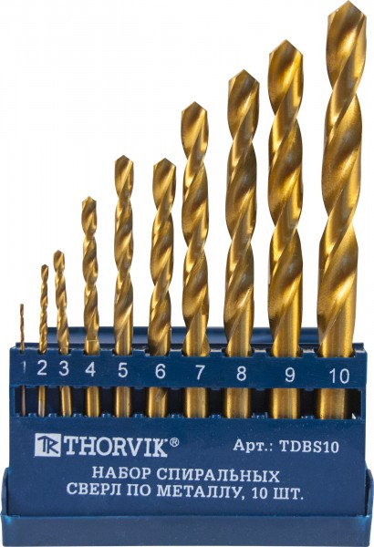 TDBS10 Набор спиральных сверл по металлу HSS TiN в пластиковом кейсе, d1.0-10.0 мм, 10 пр. - фото 1 - id-p201388445