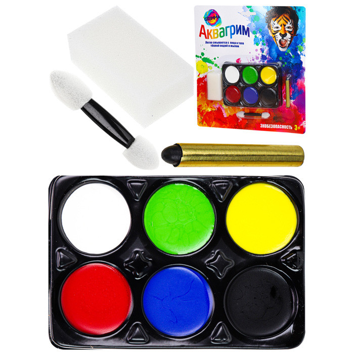 Набор аквагрима для детей (6 цветов, карандаш, спонж, аппликатор) - фото 3 - id-p201415637