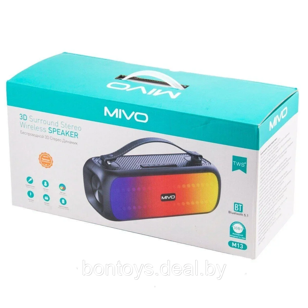 Портативная колонка Mivo M13 с ручкой + RGB подсветка / Беспроводная bluetooth колонка / Блютуз колонка - фото 3 - id-p201416025