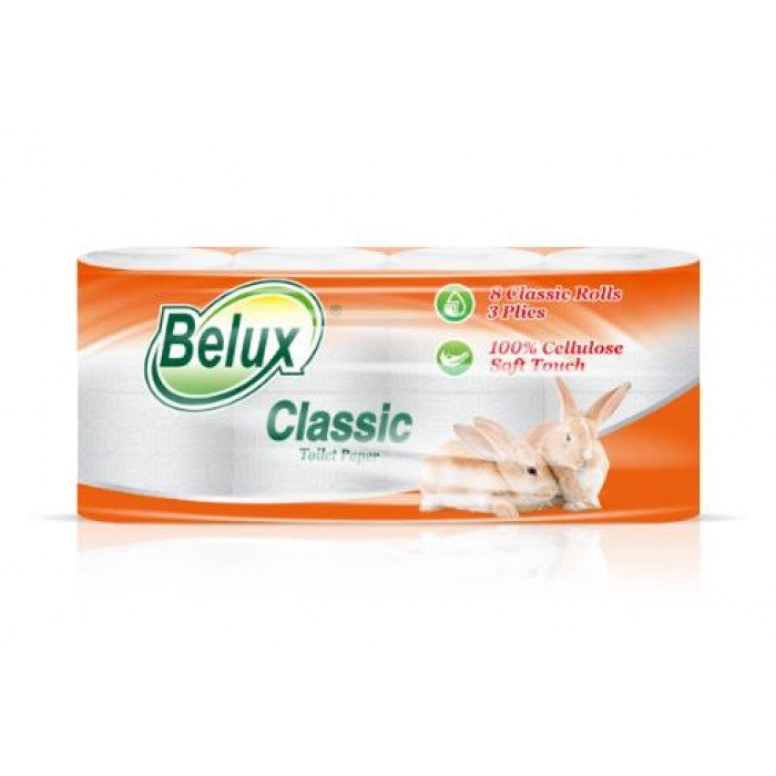 Туалетная бумага Belux Classic 8 рулонов, 3 слоя, состав целлюлоза