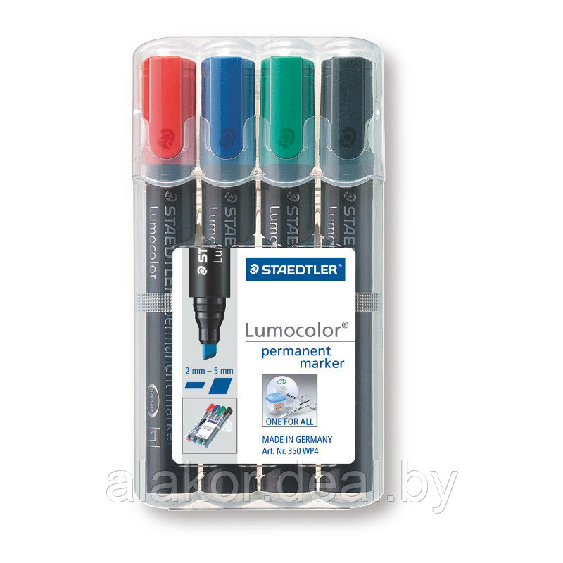 Набор маркеров перманентных STAEDTLER Lumocolor 350 WP4, 4 цвета, 2-5мм - фото 1 - id-p201450390