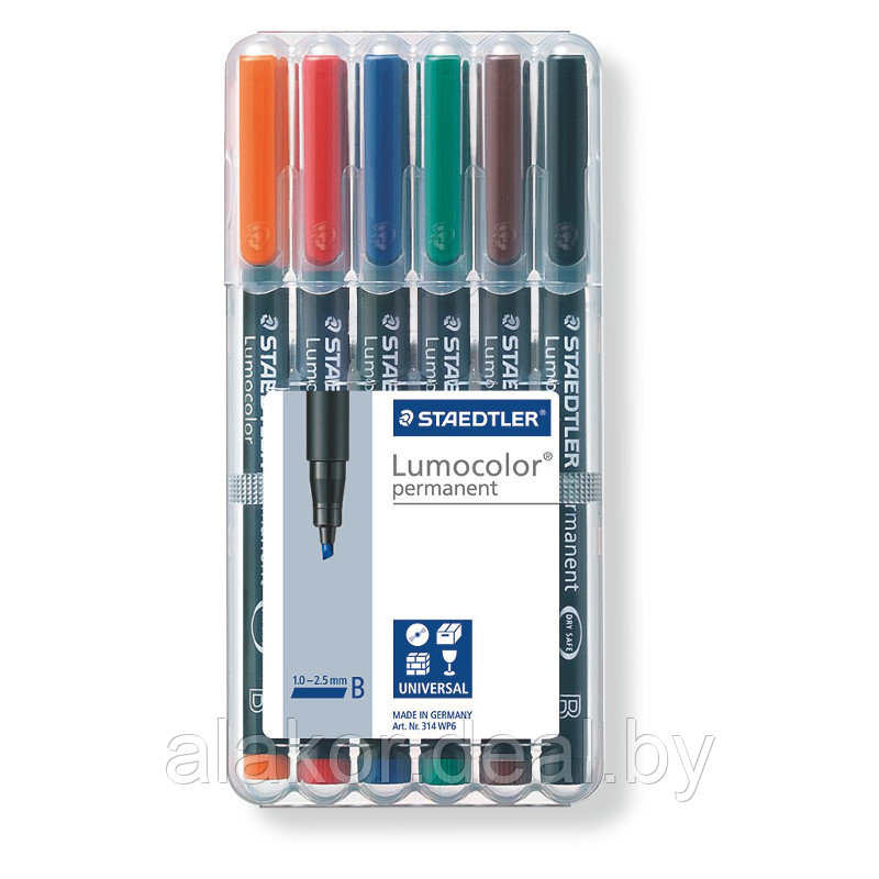 Набор маркеров перманентных STAEDTLER Lumocolor 314 WP6, B, 6 цветов, 1-2.5мм - фото 1 - id-p201471443