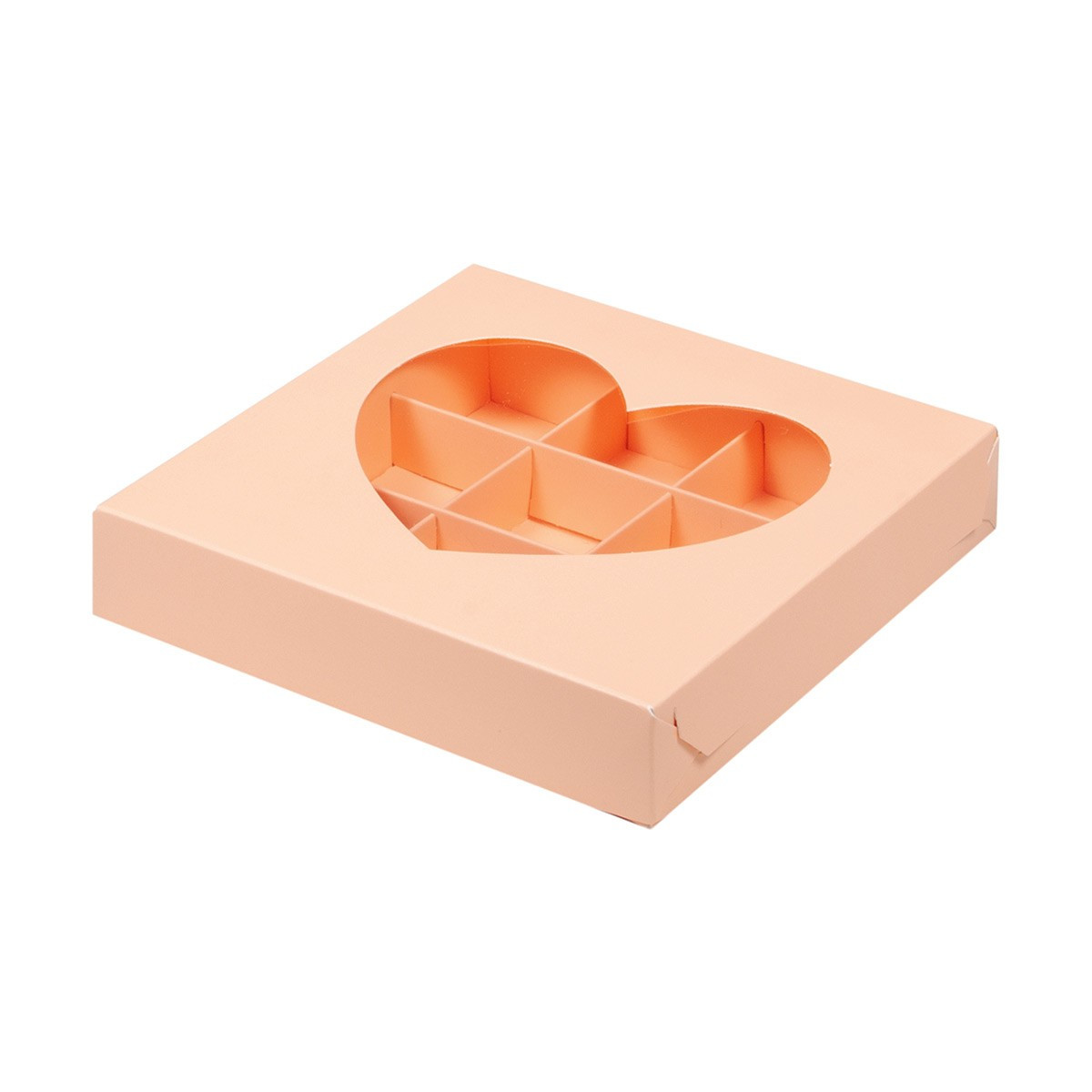 Коробка для 9 конфет Персиковая с окошком Сердце (Россия, 160х160х30 мм) - фото 1 - id-p173662099