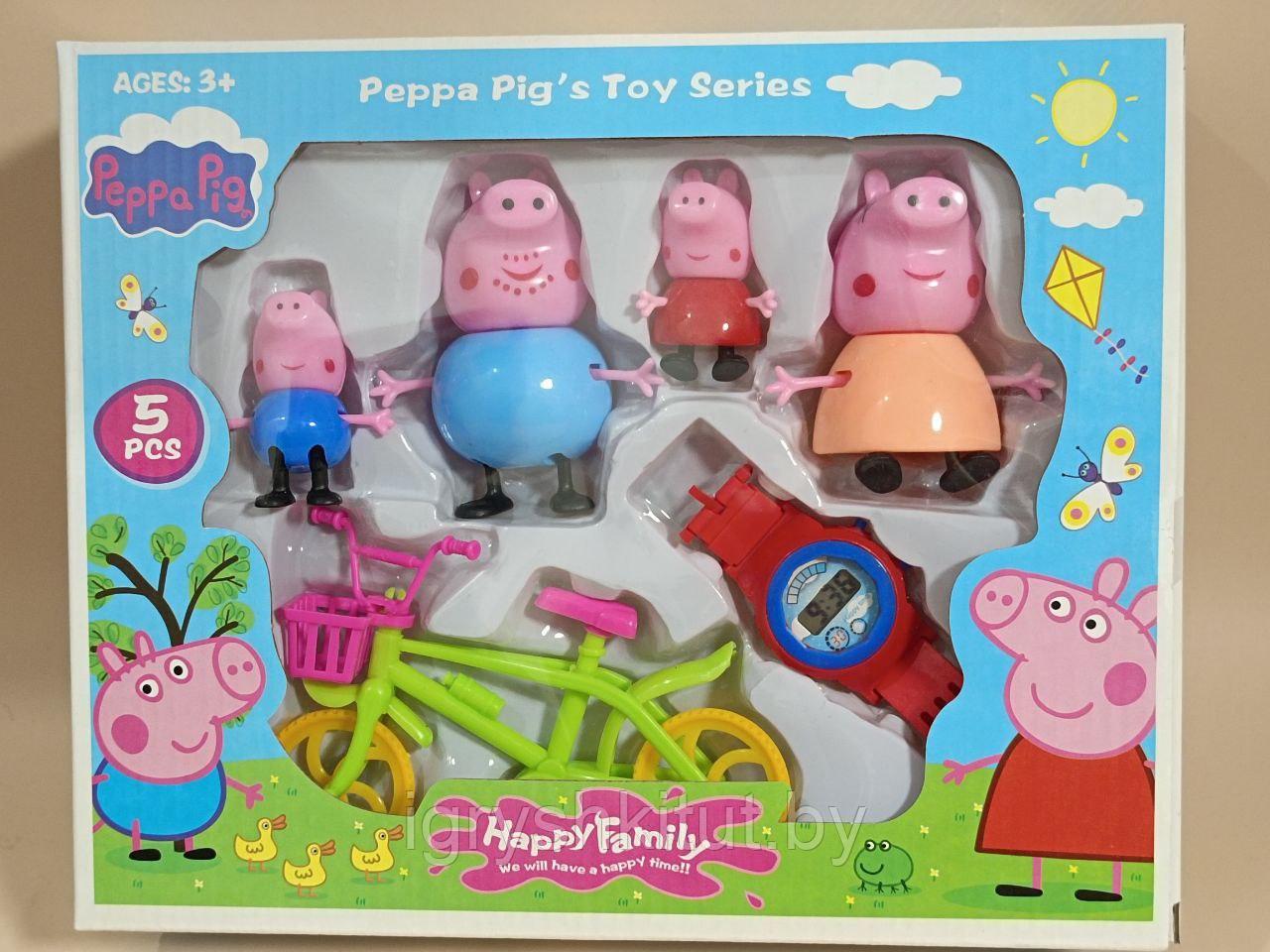 Набор героев "Свинка Пеппа" Peppa Pig с велосипедом и часами, 4 героя, арт.2018 - фото 1 - id-p201637801