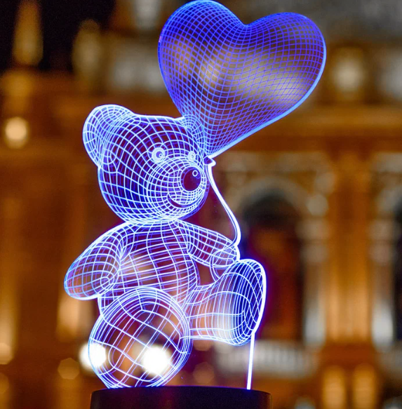 Настольная лампа голограмма 3Д, ночник мишка с сердцем