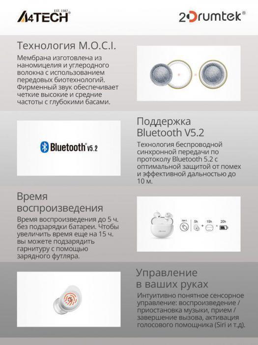 Наушники A4TECH 2Drumtek B27 TWS, Bluetooth, внутриканальные, белый [b27 grayish white] - фото 6 - id-p200520118