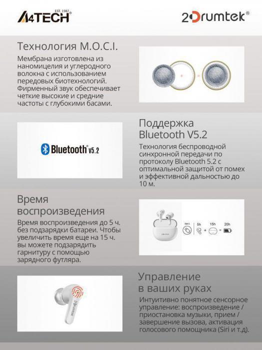 Наушники A4TECH 2Drumtek B25 TWS, Bluetooth, внутриканальные, белый [b25 grayish white] - фото 6 - id-p200520121